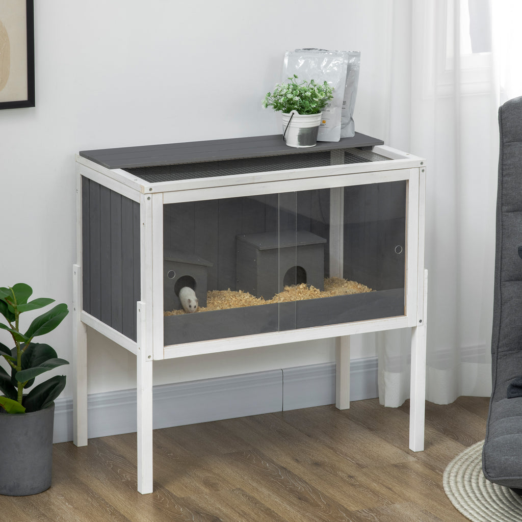 PawHut Wooden Hamster Cage with Shelves & Huts – Grey