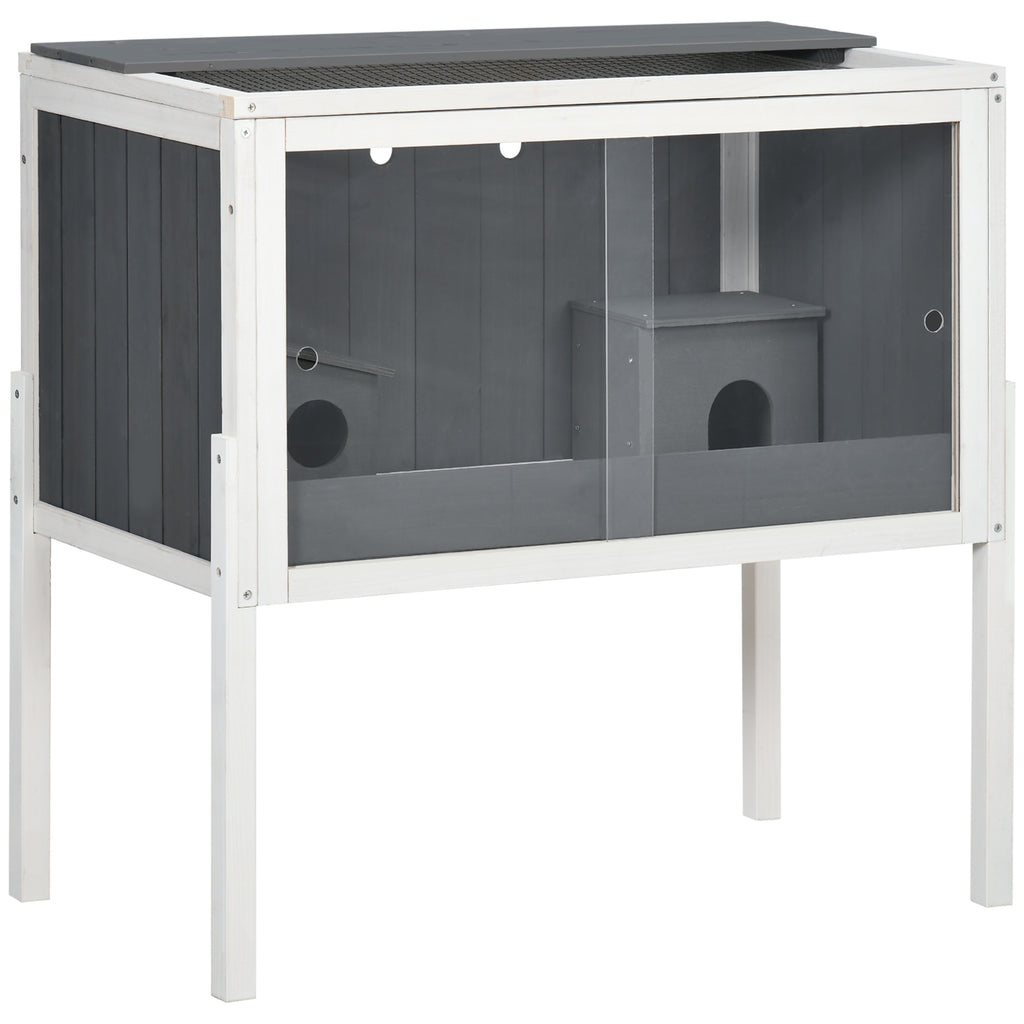 PawHut Wooden Hamster Cage with Shelves & Huts – Grey
