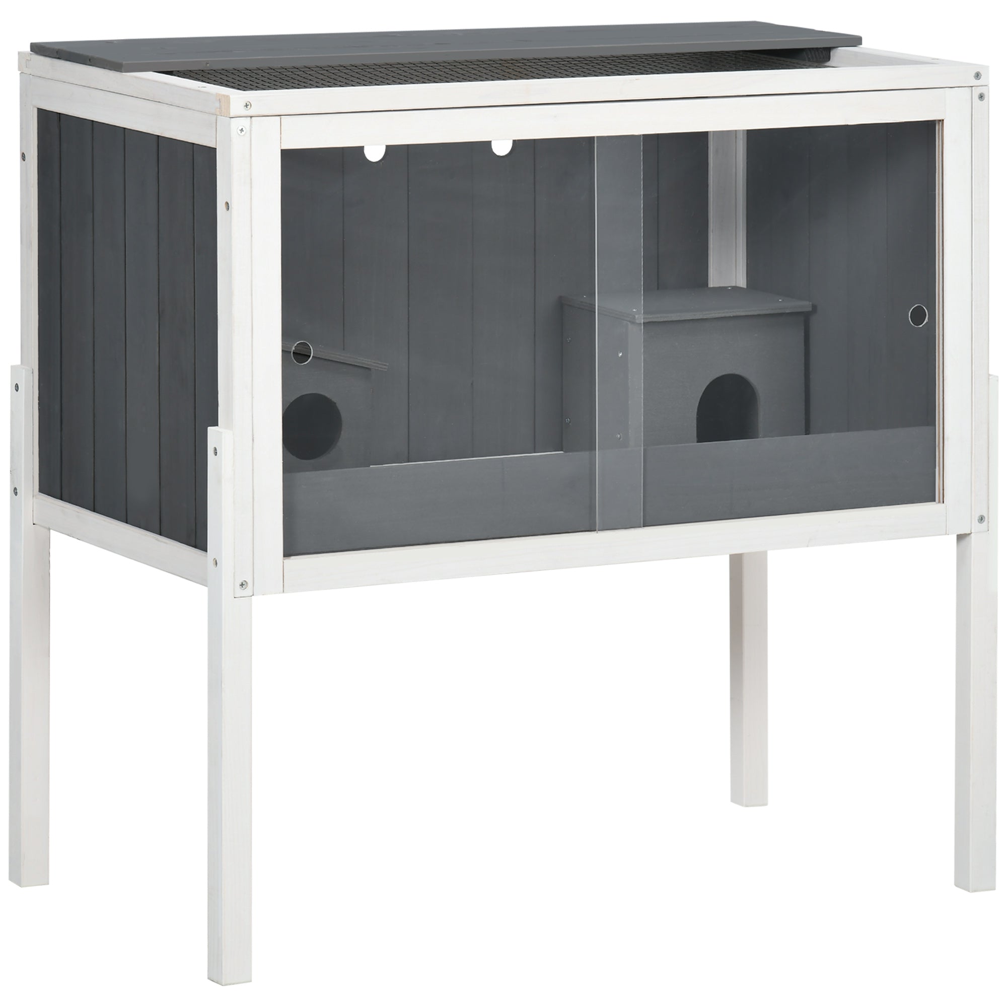 PawHut Wooden Hamster Cage with Shelves & Huts – Grey