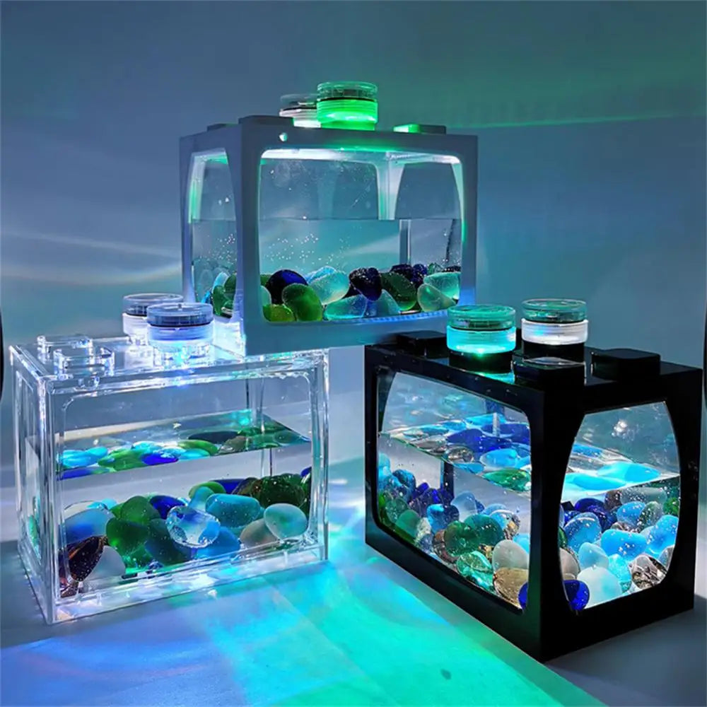1PCS Aquarium Mini Fish Tank Reptile Pet LED Light Box Stackable Aquarium Cylinder Landscape Seawed For Home Office Decoration