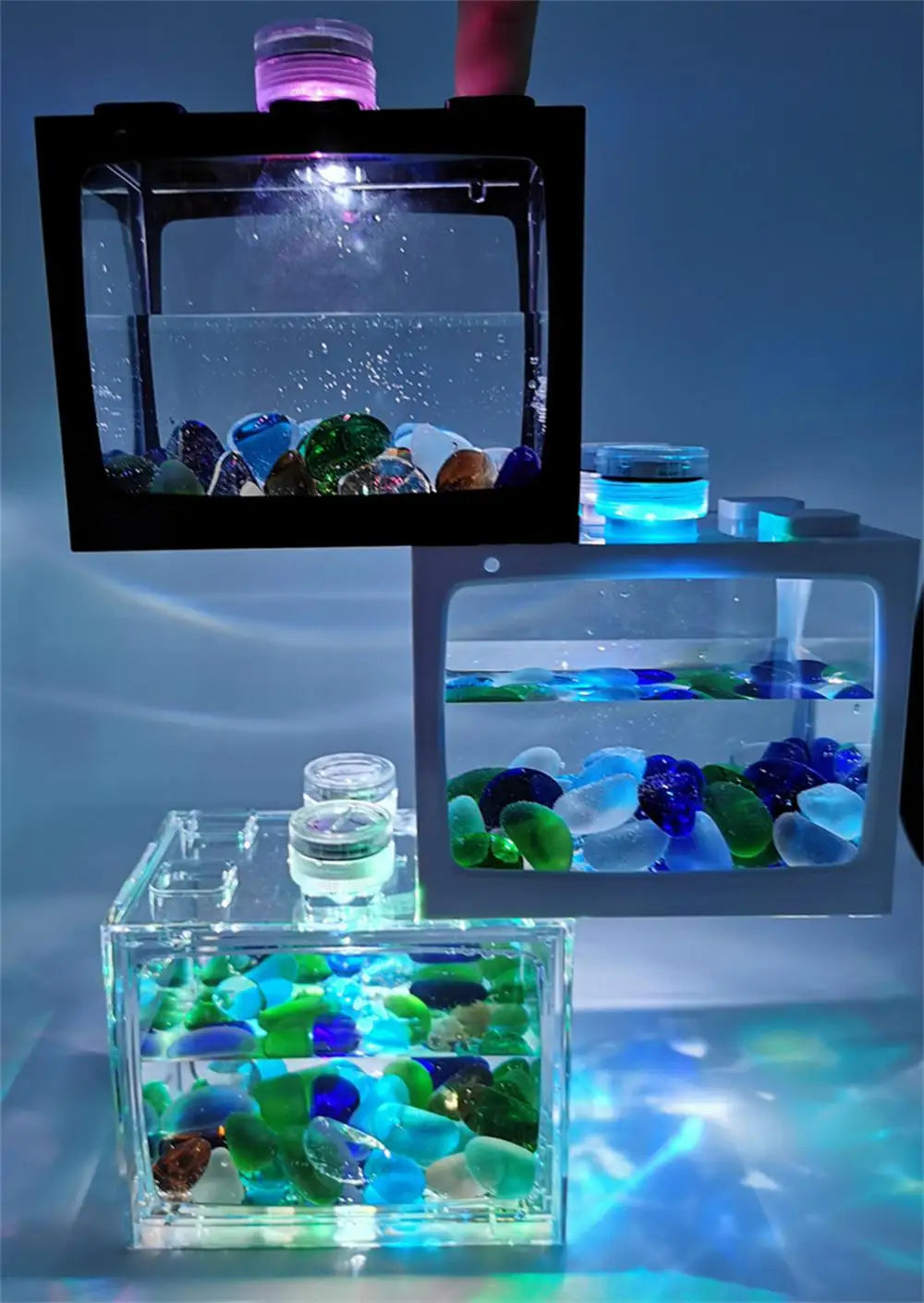 1PCS Aquarium Mini Fish Tank Reptile Pet LED Light Box Stackable Aquarium Cylinder Landscape Seawed For Home Office Decoration