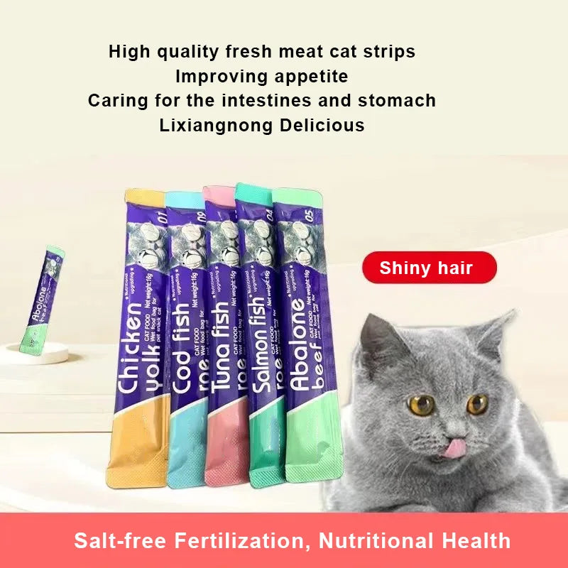 Mixed Flavor Cat Snacks – 30 Liquid Strips with Abalone, Beef, Cod & Salmon