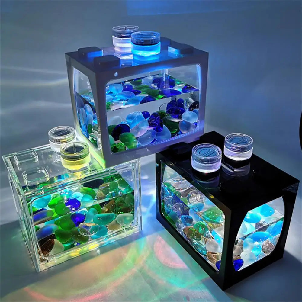 1PCS Aquarium Mini Fish Tank Reptile Pet LED Light Box Stackable Aquarium Cylinder Landscape Seawed For Home Office Decoration