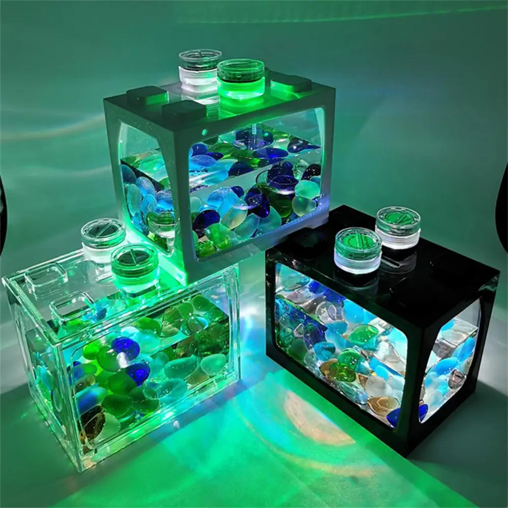 1PCS Aquarium Mini Fish Tank Reptile Pet LED Light Box Stackable Aquarium Cylinder Landscape Seawed For Home Office Decoration