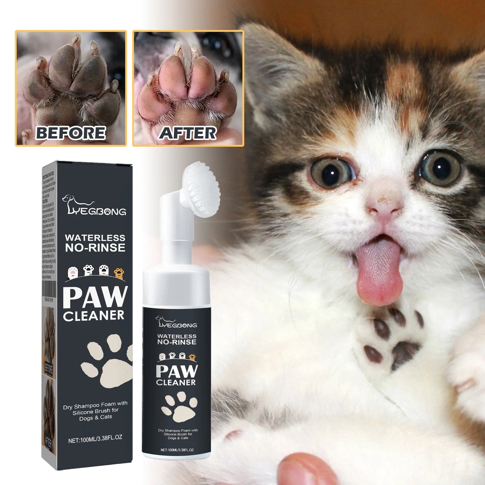 100ml Pet Paw Cleaner Foam – Rinse-Free Dog & Cat Cleanser with Brush