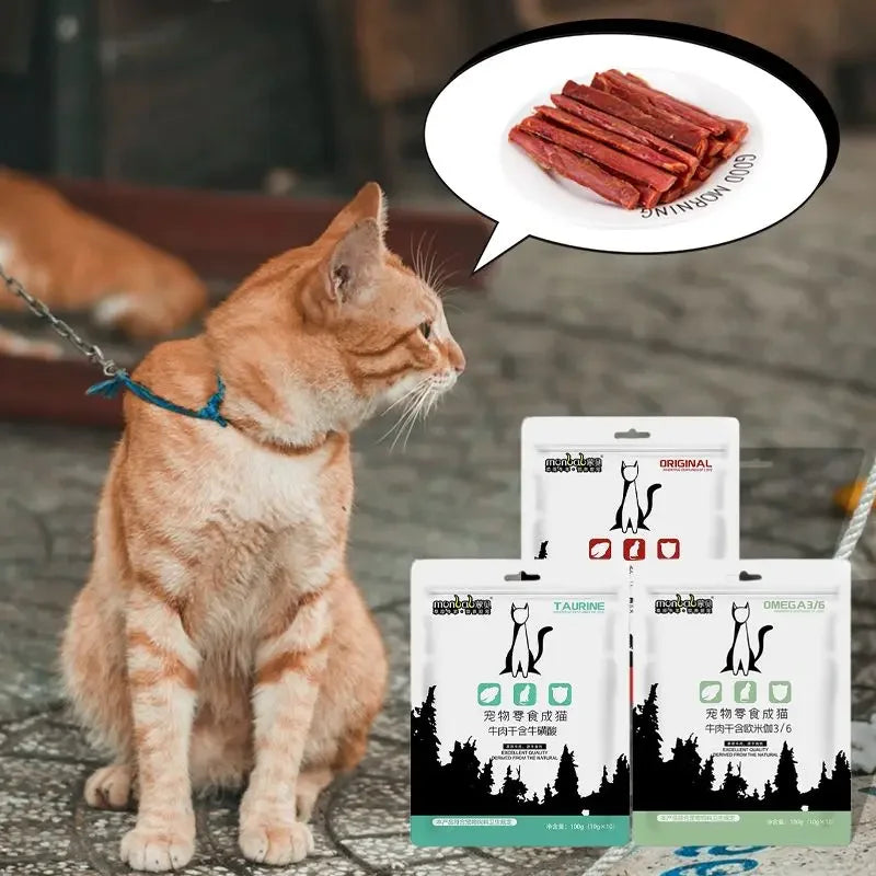 Premium Beef Jerky for Cats – 100g Strips with Taurine, Omega, and Calcium for Healthy Teeth and Coat