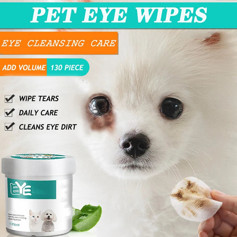 Pet Eye Wipes for Cats & Dogs – 130 Wet Wipes, Tear Stain Remover