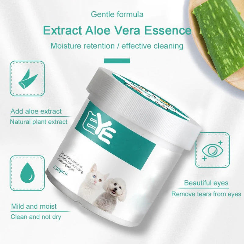 Pet Eye Wipes for Cats & Dogs – 130 Wet Wipes, Tear Stain Remover