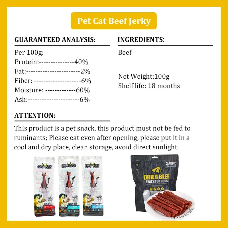Premium Beef Jerky for Cats – 100g Strips with Taurine, Omega, and Calcium for Healthy Teeth and Coat