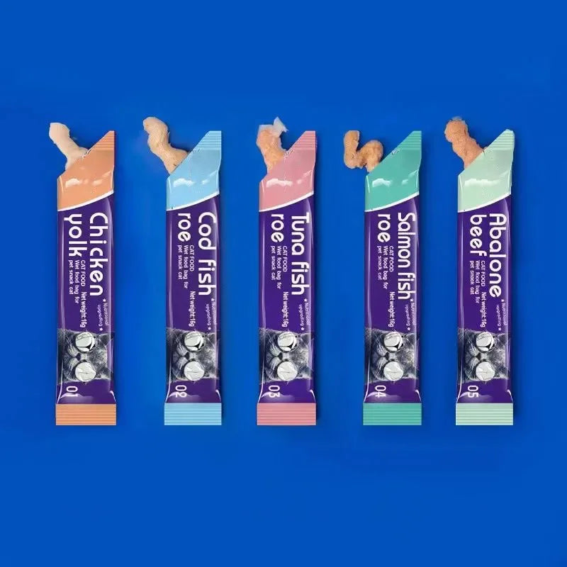 Mixed Flavor Cat Snacks – 30 Liquid Strips with Abalone, Beef, Cod & Salmon