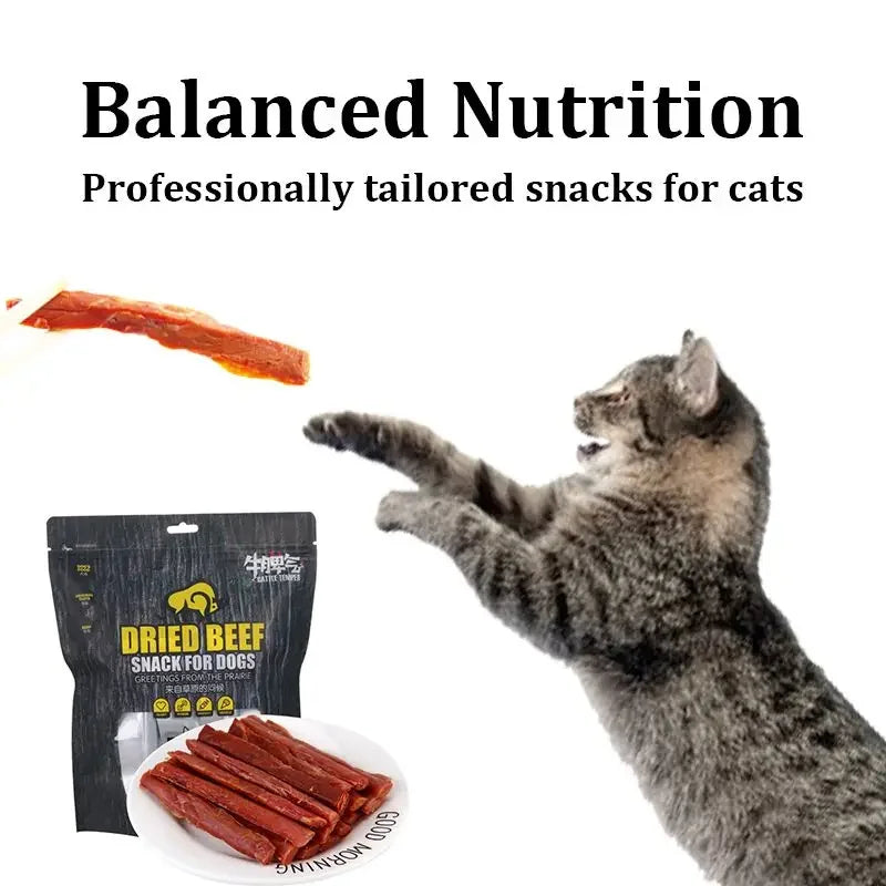 Premium Beef Jerky for Cats – 100g Strips with Taurine, Omega, and Calcium for Healthy Teeth and Coat