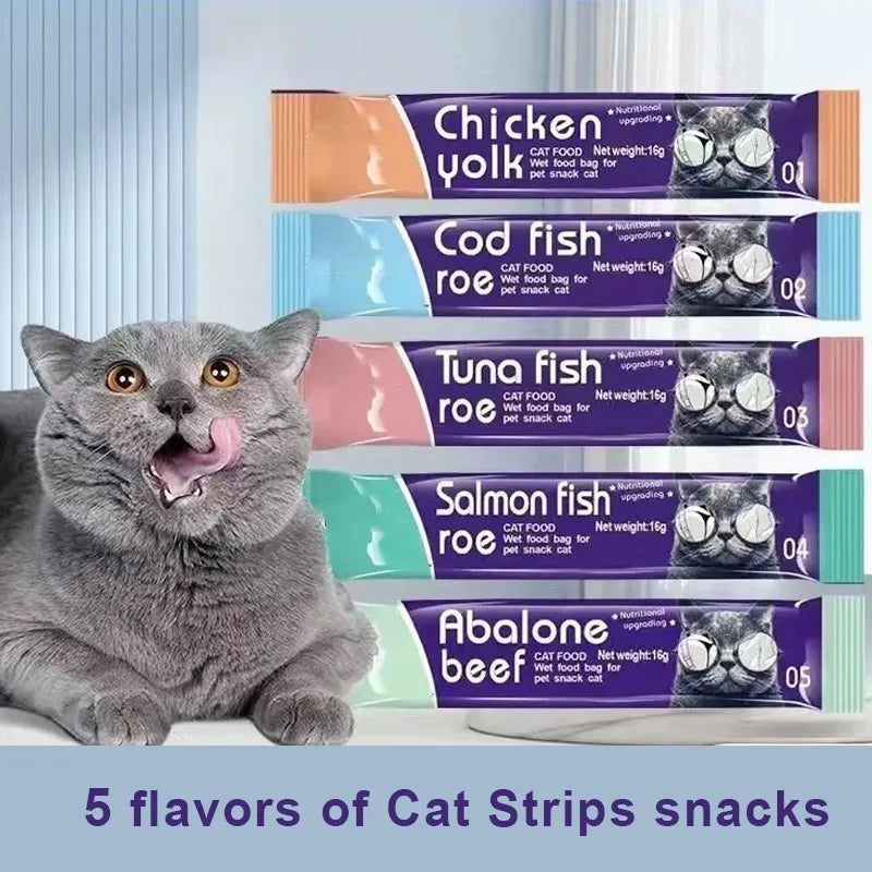 Mixed Flavor Cat Snacks – 30 Liquid Strips with Abalone, Beef, Cod & Salmon
