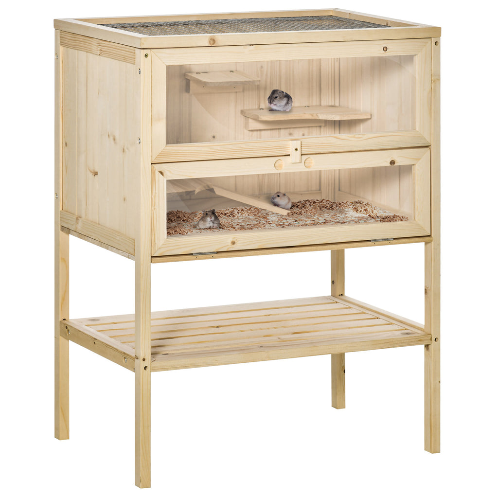 PawHut Wooden Hamster Cage with Ramp & Storage Shelf for Dwarf Hamsters & Small Pets – Natural