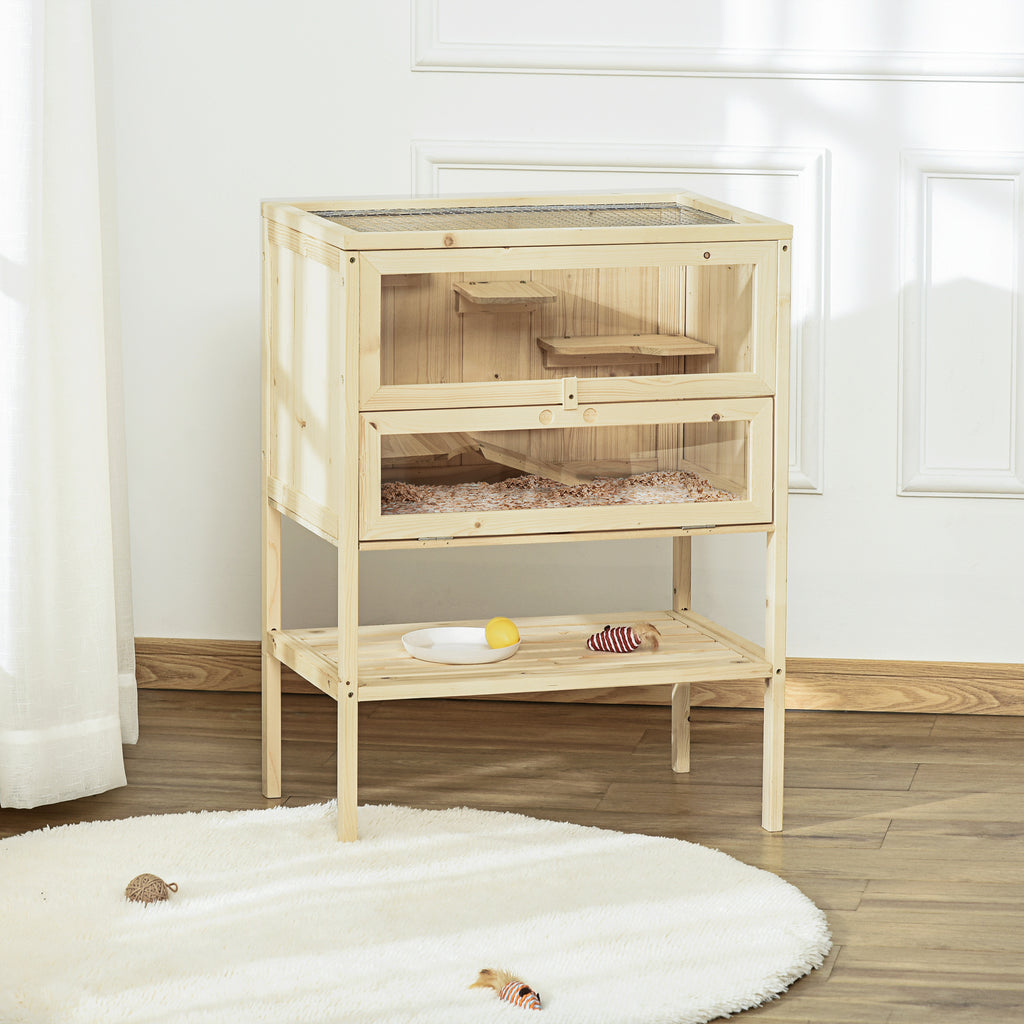 PawHut Wooden Hamster Cage with Ramp & Storage Shelf for Dwarf Hamsters & Small Pets – Natural