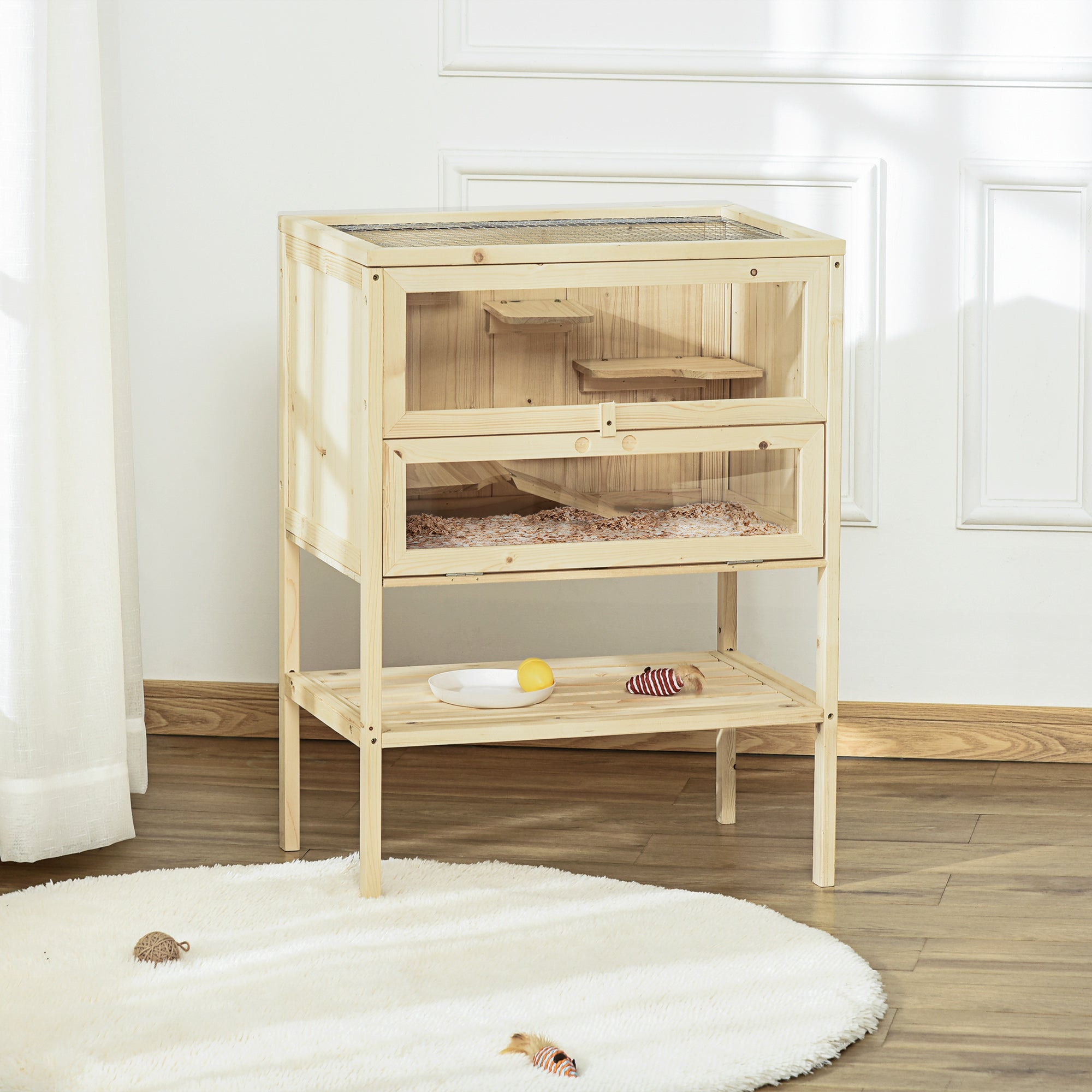 PawHut Wooden Hamster Cage with Ramp & Storage Shelf for Dwarf Hamsters & Small Pets – Natural