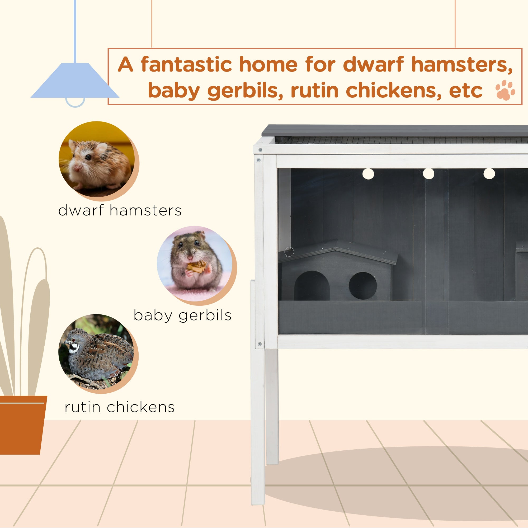PawHut Wooden Hamster Cage with Shelves & Huts – Grey